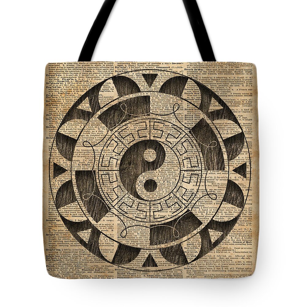 Yin Tote Bag featuring the digital art Yin And Yang Symbol Taijitu Mandala Vintage Dictionary Art by Anna W