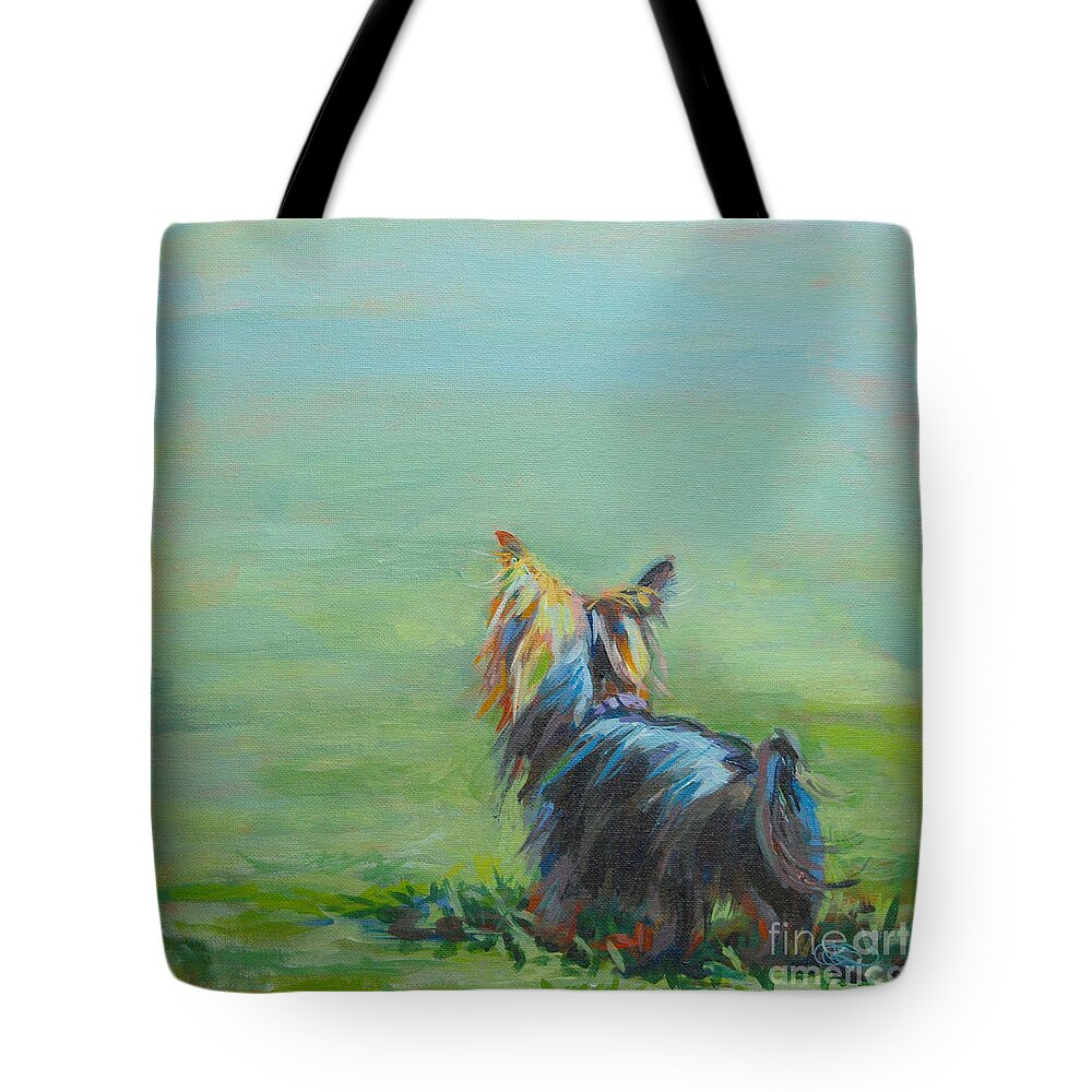 Yorkshire Terrier Tote Bag featuring the painting Yorkie in the Grass by Kimberly Santini
