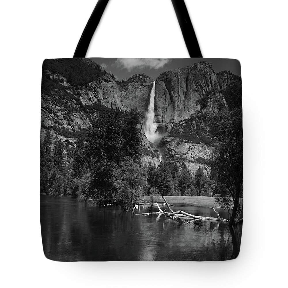 Yosemite Falls From Swinging Bridge Tote Bag featuring the photograph Yosemite Falls from Swinging Bridge in Black and White by Raymond Salani III