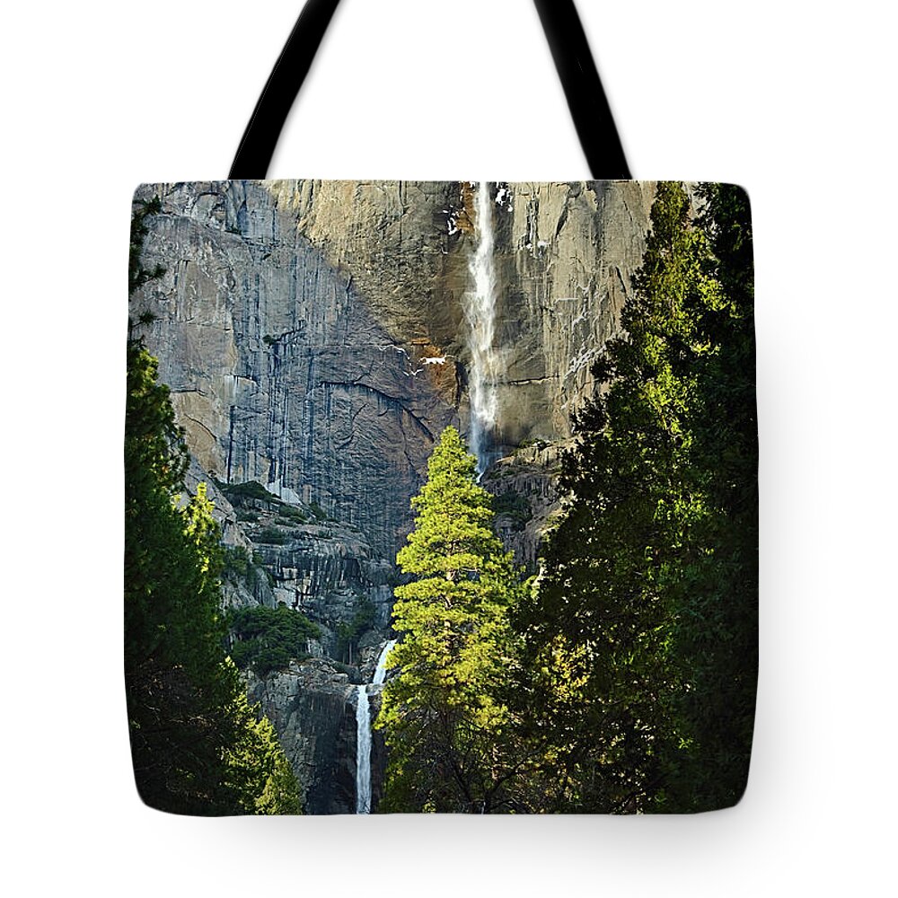 Yosemite Falls Tote Bag featuring the photograph Yosemite Falls with late afternoon light in Yosemite National Park. by Jamie Pham