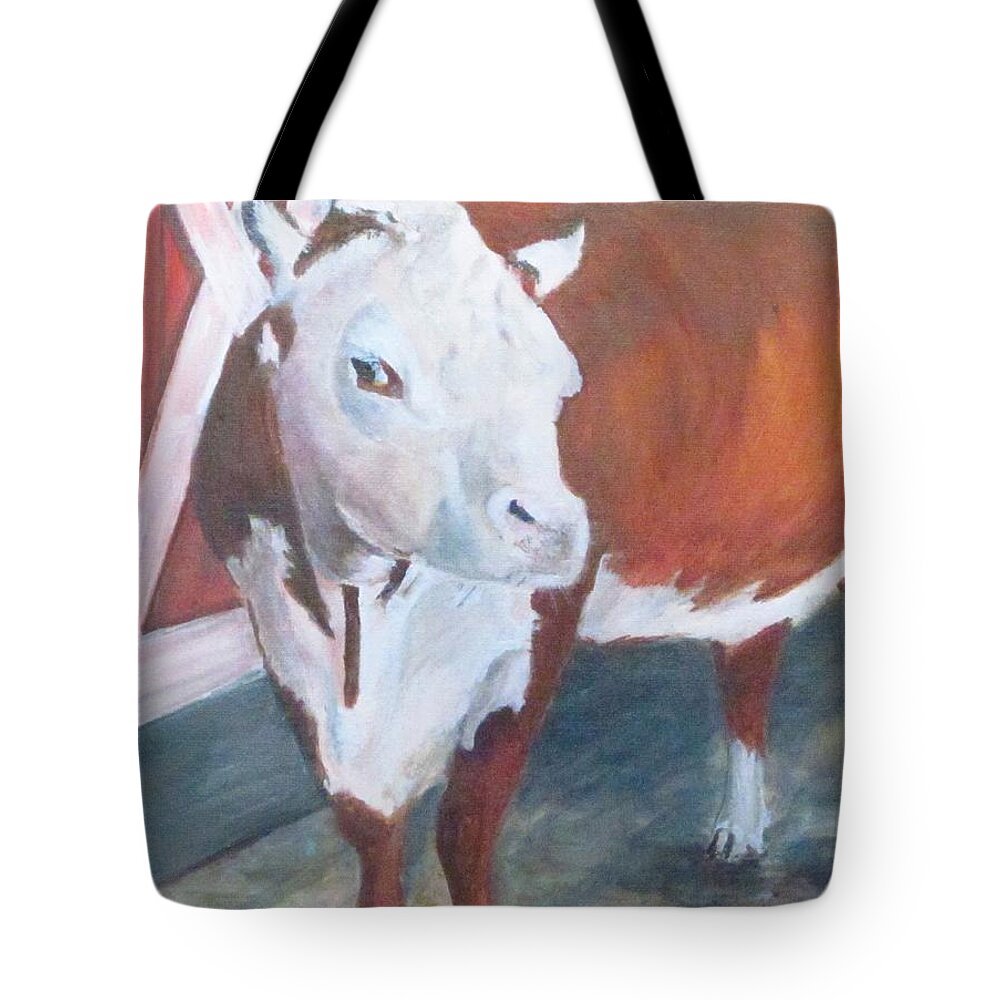 Cow Tote Bag featuring the painting You Lookin At Me by Paula Pagliughi