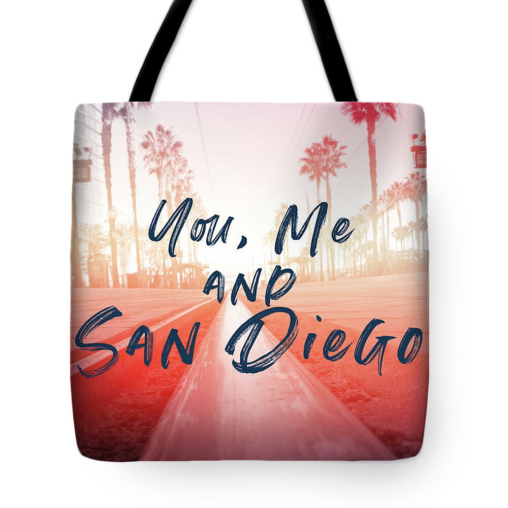 San Diego Tote Bag featuring the mixed media You Me and San Diego- Art by Linda Woods by Linda Woods