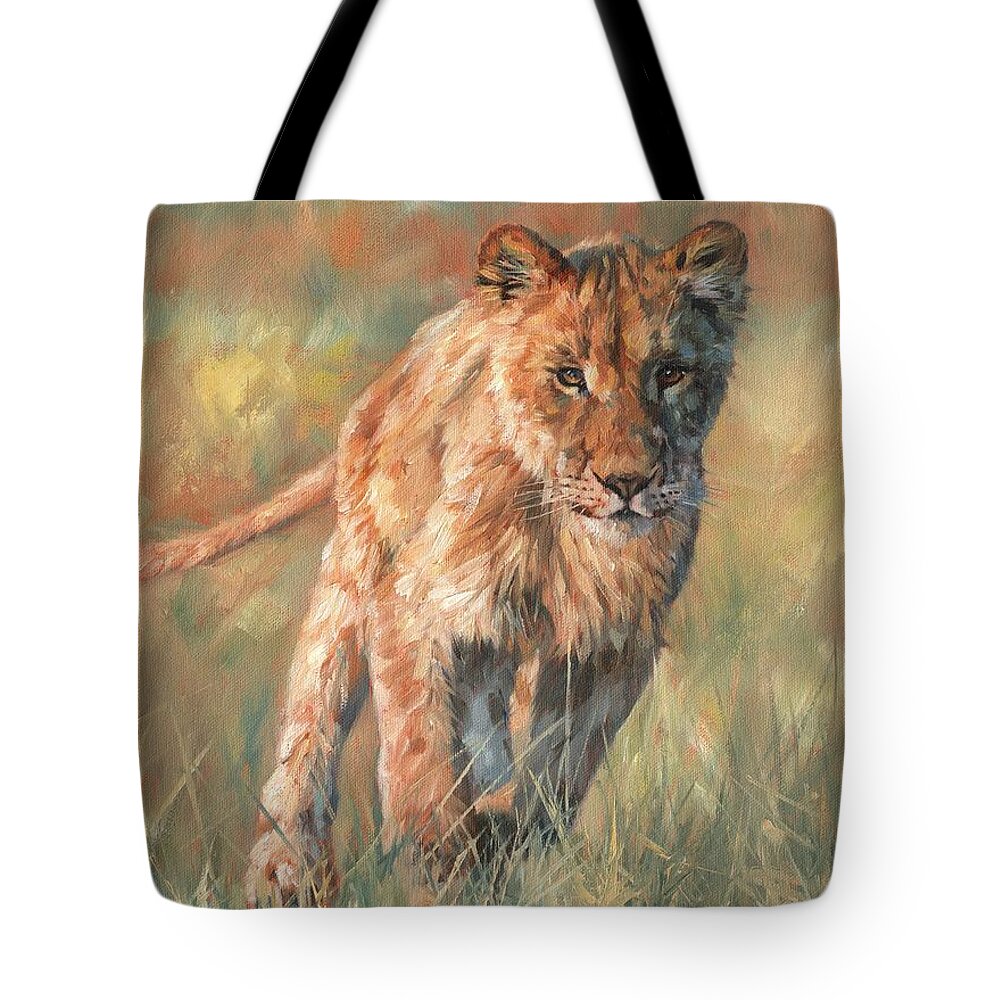 Lion Tote Bag featuring the painting Youn Lion by David Stribbling