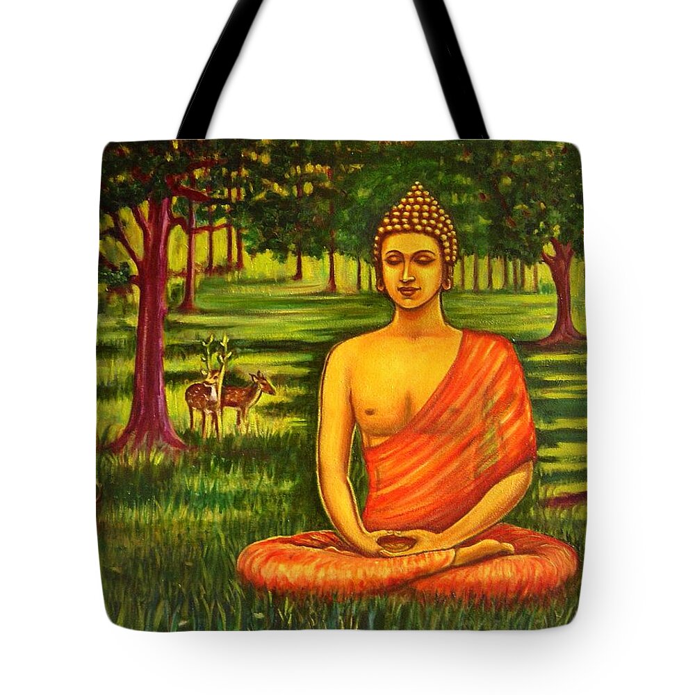 Young Tote Bag featuring the painting Young Buddha meditating in the forest by Usha Shantharam