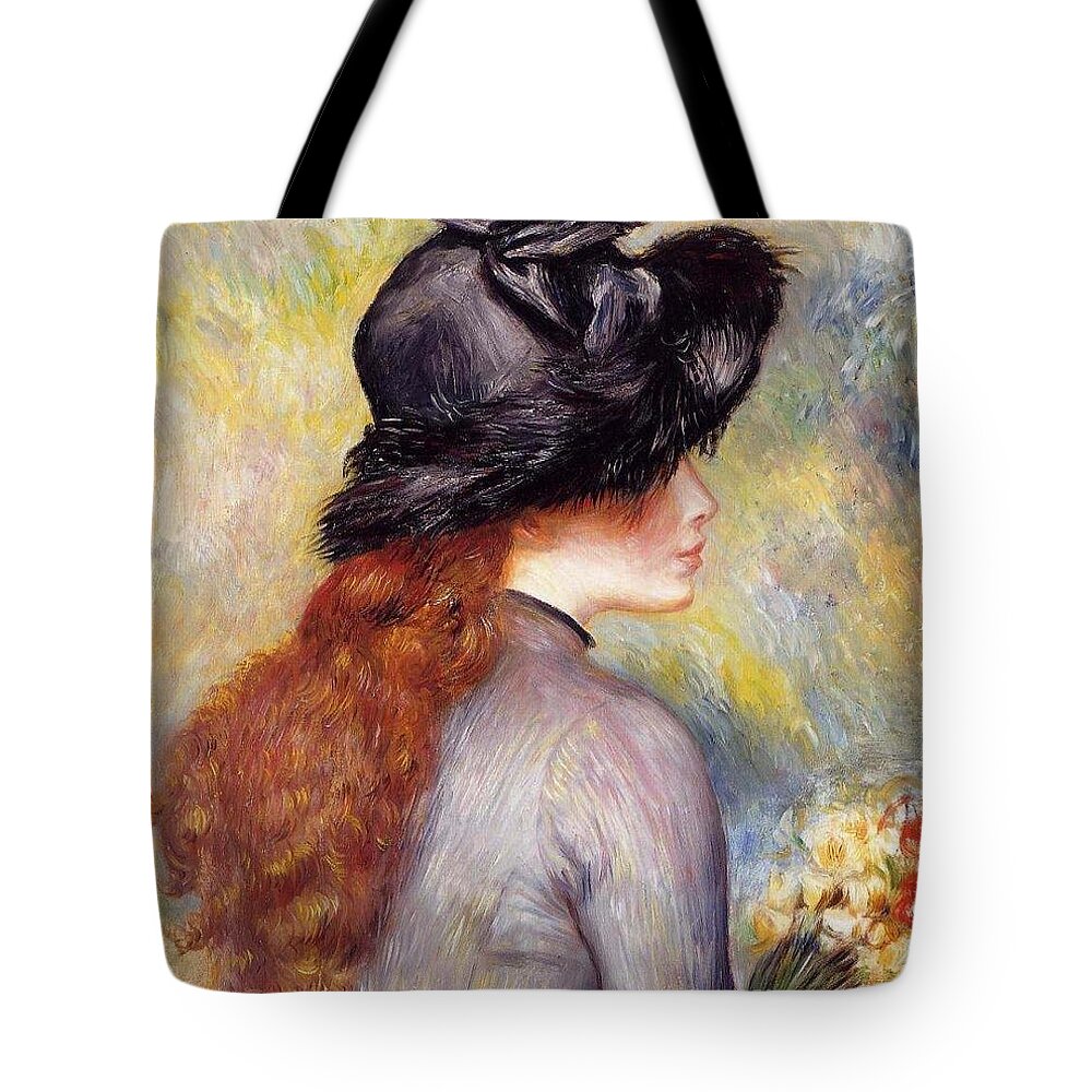 Pierre-auguste Renoir Tote Bag featuring the painting Young Girl with a Bouquet by MotionAge Designs