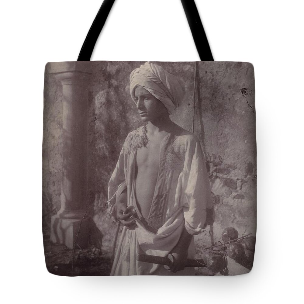 [young Man In White Robe And Head Gear Holding Scabbard Tote Bag featuring the painting Young Man in White Robe and Head Gear Holding Scabbard by MotionAge Designs