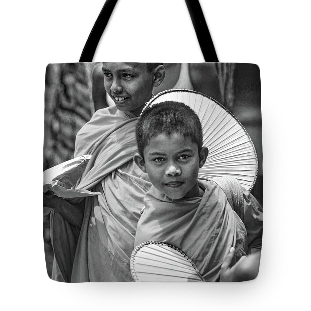 Buddhism Tote Bag featuring the photograph Young Monks 2 bw by Steve Harrington