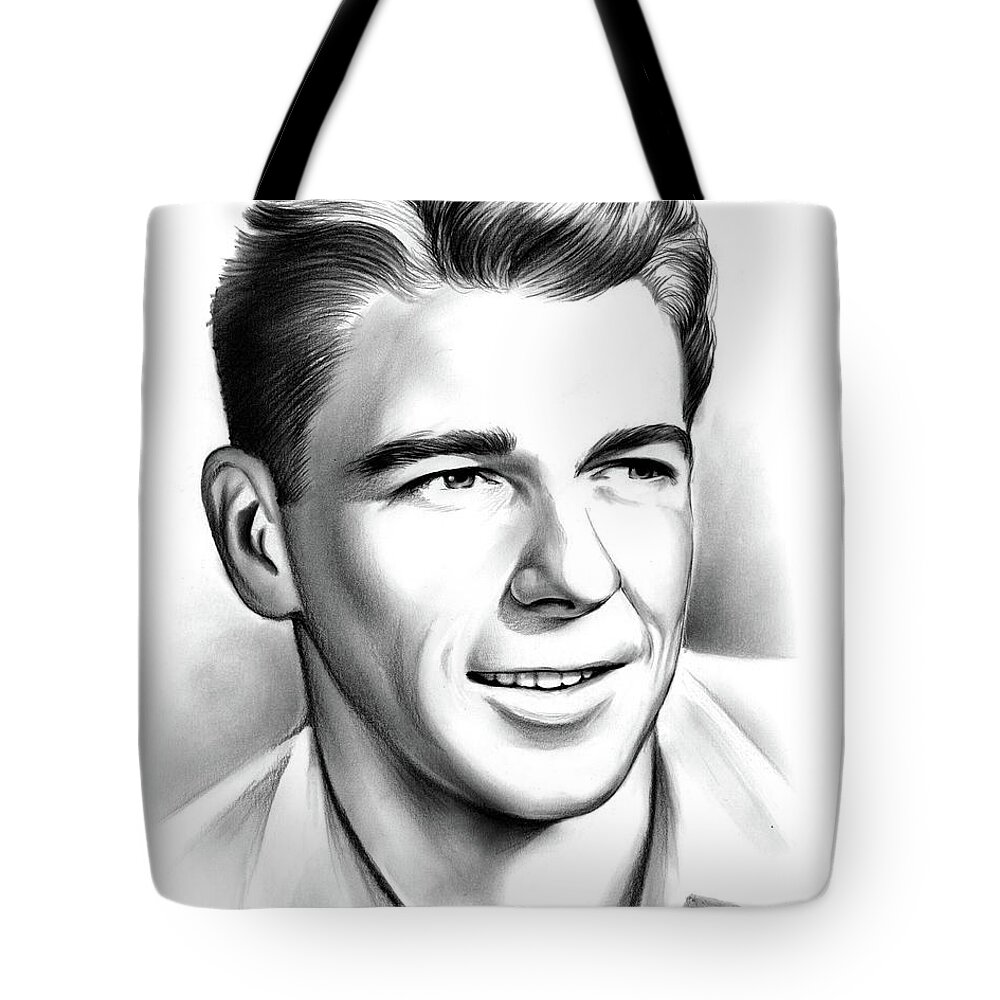 Ronald Reagan Tote Bag featuring the drawing Young Reagan by Greg Joens