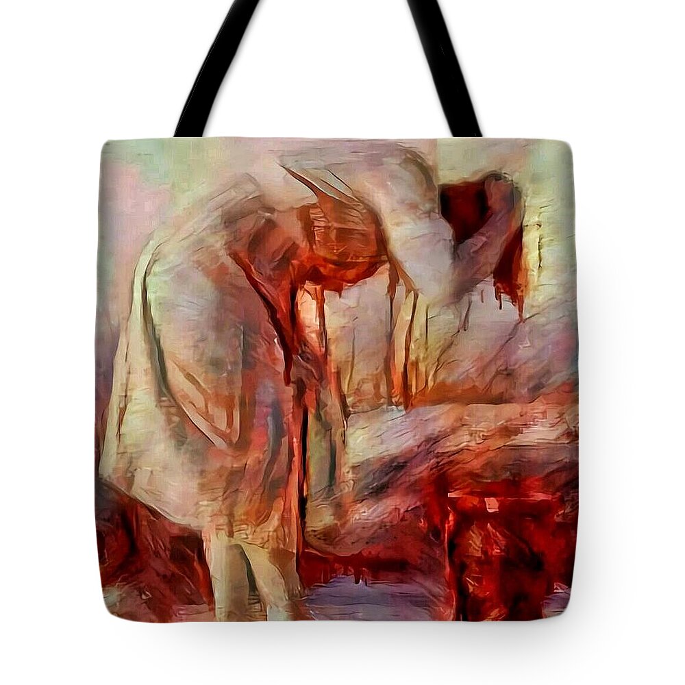 Young Tote Bag featuring the painting Young woman washing river bent over old master sketch painting in orange blue oil-like acrylic warm paint by MendyZ