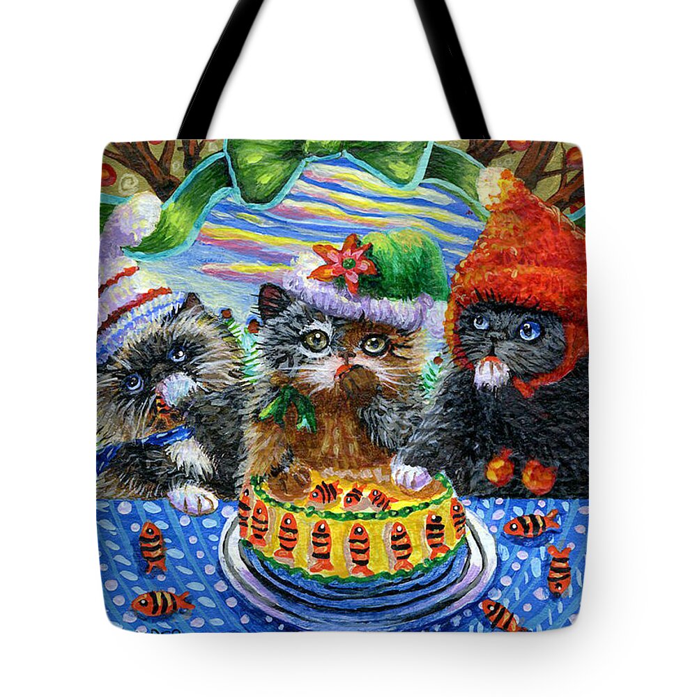 Kittens Black Tote Bag featuring the painting Yummy Fish Cake by Jacquelin L Vanderwood Westerman