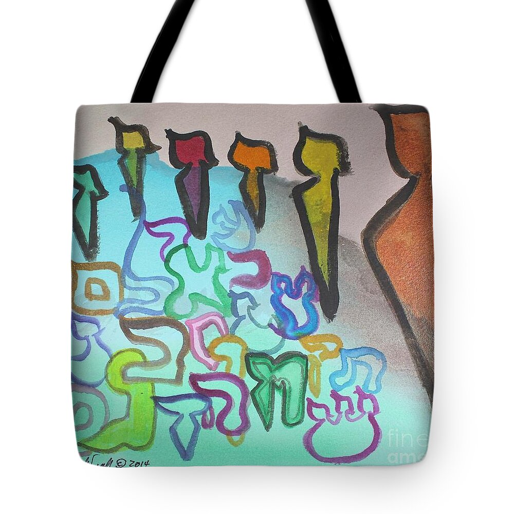 Zayin Tote Bag featuring the painting Zayin, protecting the tribe ab24 by Hebrewletters SL