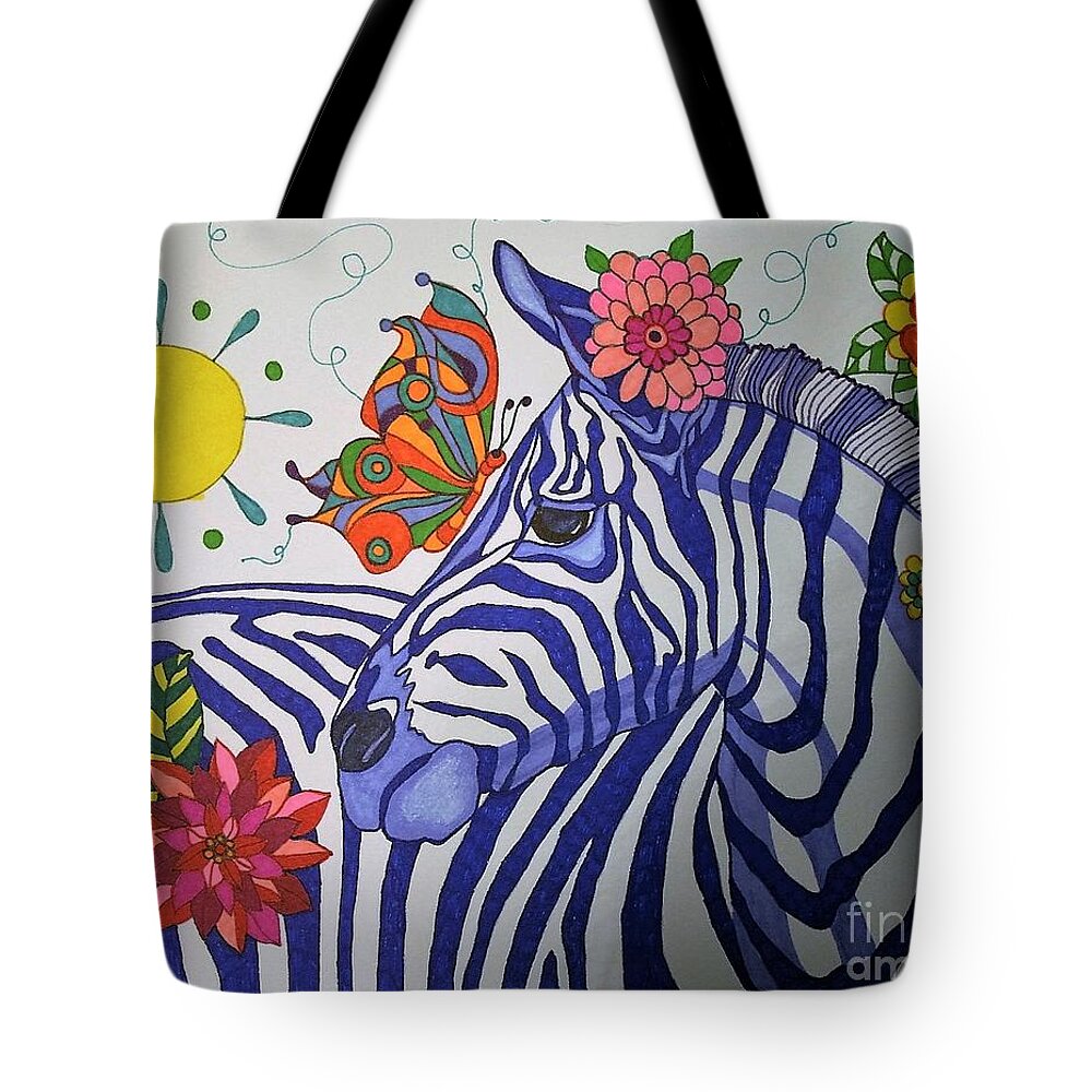 Zebra Tote Bag featuring the drawing Zebra and Things by Alison Caltrider