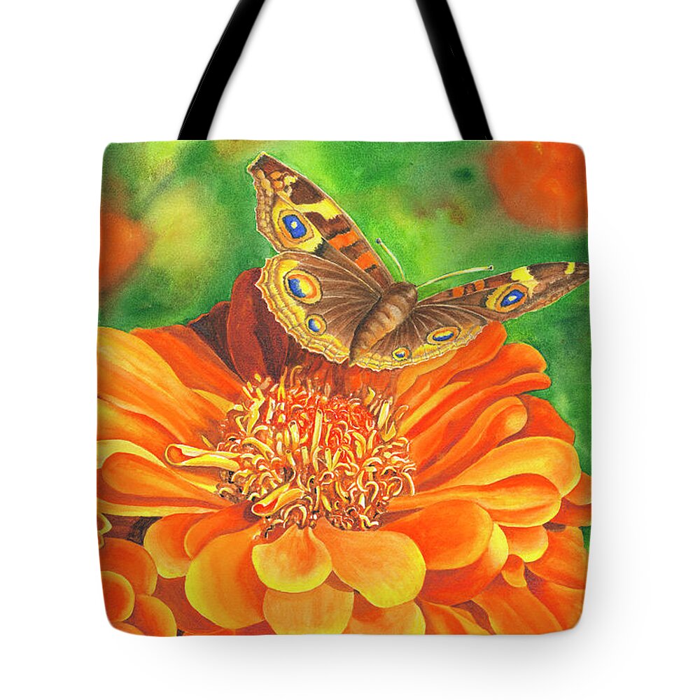 Zinnia With Butterfly Tote Bag featuring the painting Zinnia Runway by Lori Taylor