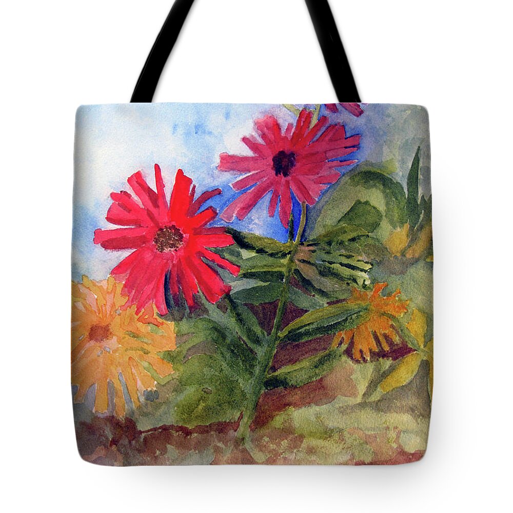Zinnias Tote Bag featuring the painting Zinnias in the Garden by Sandy McIntire