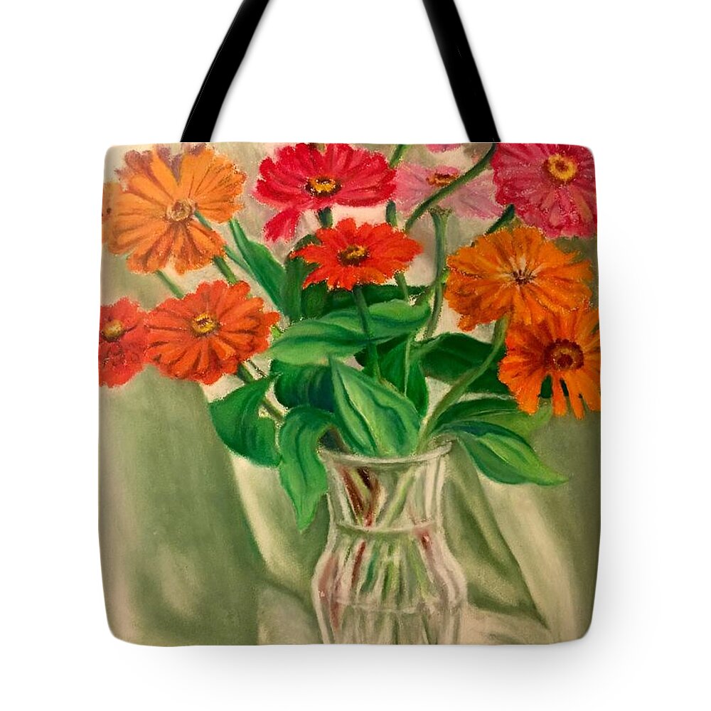 Zinnias Tote Bag featuring the painting Zinnias Like Lights by Rand Burns