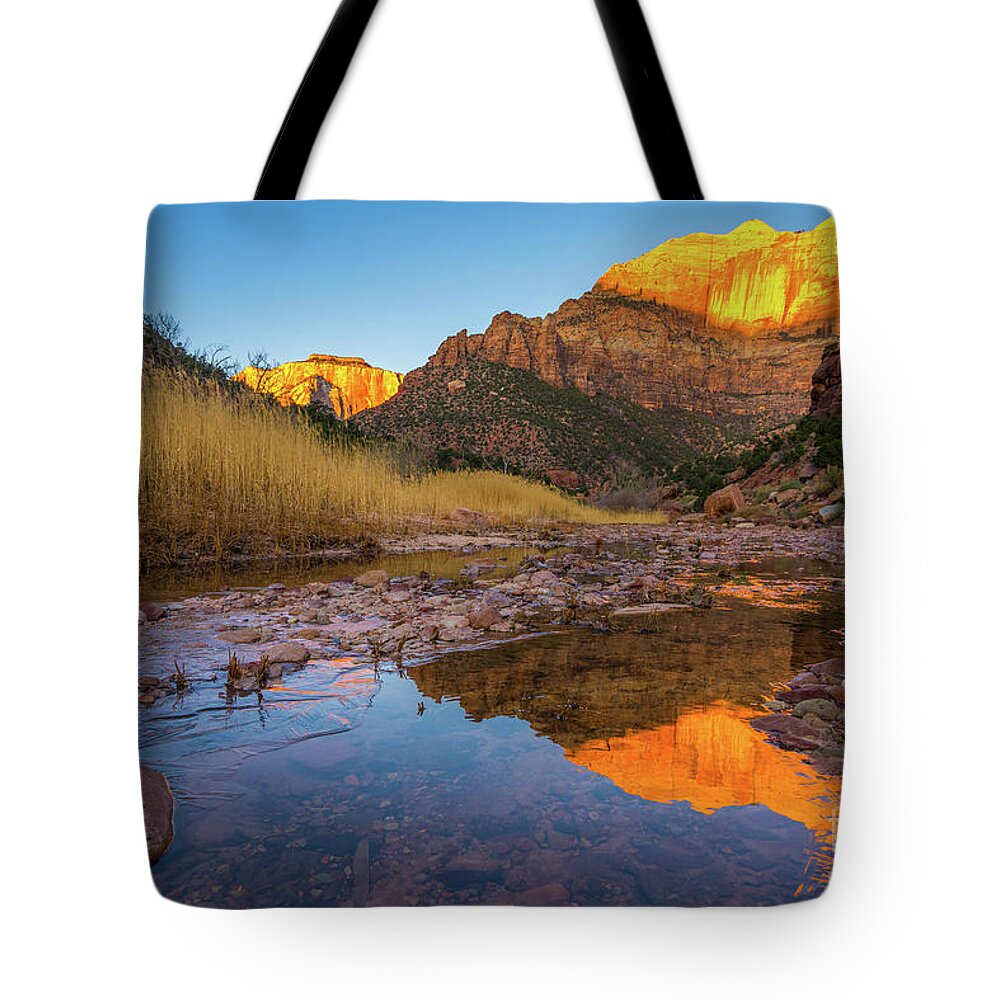  Zion Tote Bag featuring the photograph Zion Golden Sentinel Reflection by Mike Reid