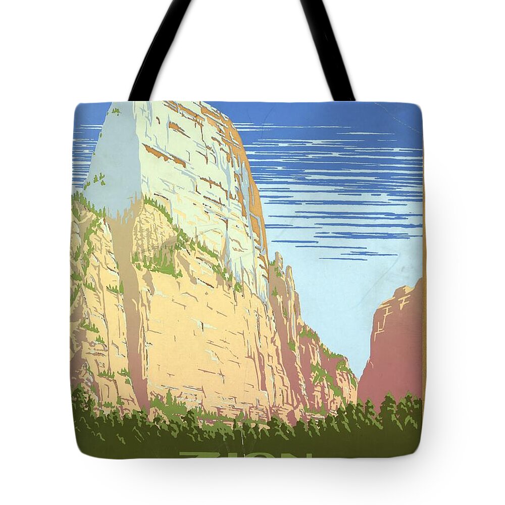 Zion Tote Bag featuring the mixed media Zion National Park, United States - Ranger Naturalist Service - Retro travel Poster - Vintage Poster by Studio Grafiikka