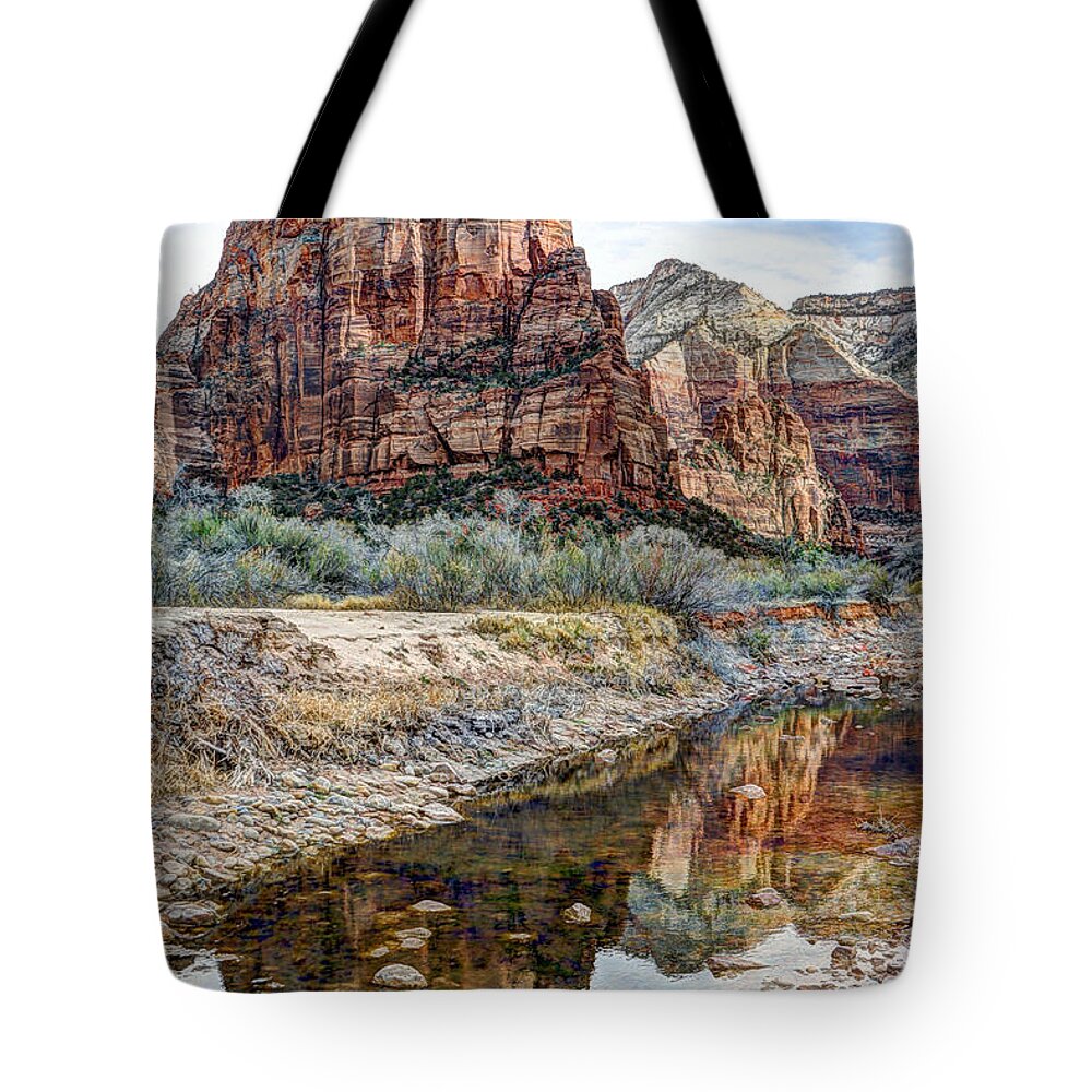 Angels Landing Tote Bag featuring the photograph Zions National Park Angels Landing - Digital Painting by Gary Whitton
