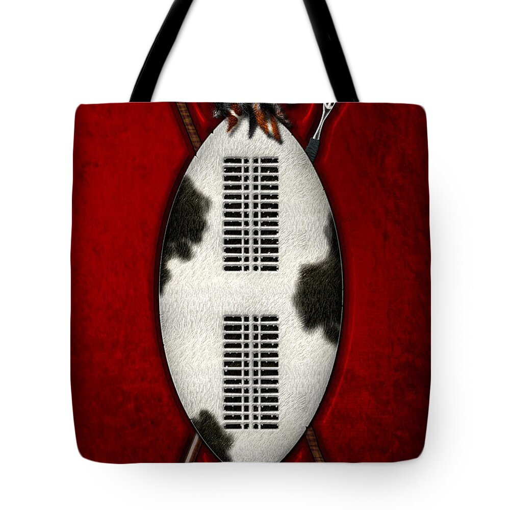 War Shields By Serge Averbukh Tote Bag featuring the photograph Zulu War Shield with Spear and Club by Serge Averbukh