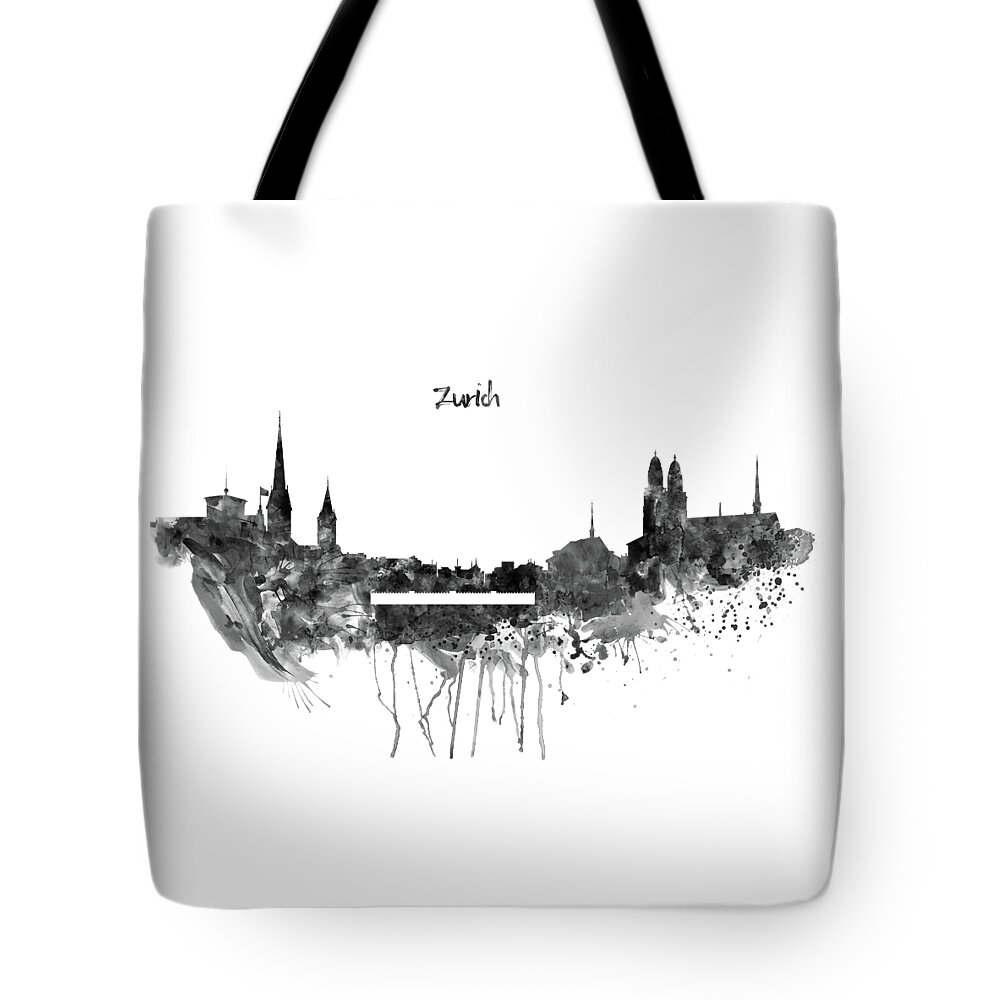 Marian Voicu Tote Bag featuring the painting Zurich Black and White Skyline by Marian Voicu