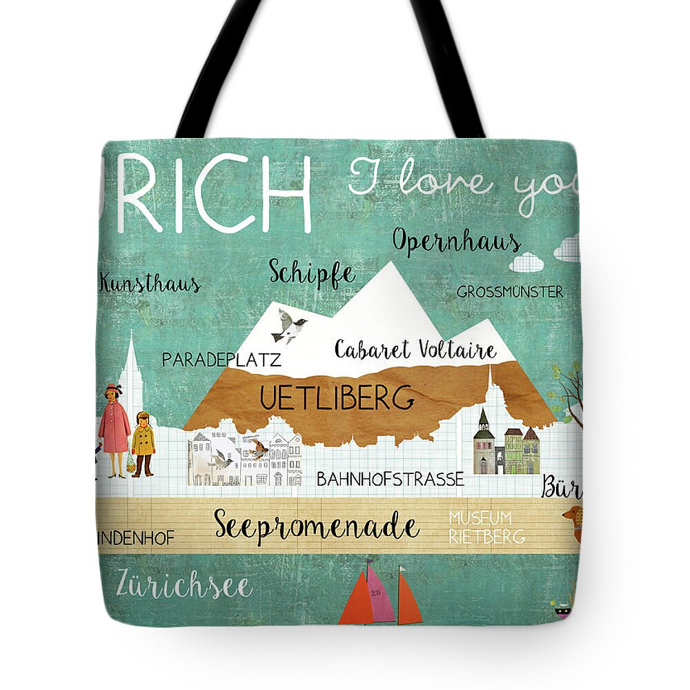 Zurich I Love You Tote Bag featuring the mixed media Zurich I love you by Claudia Schoen