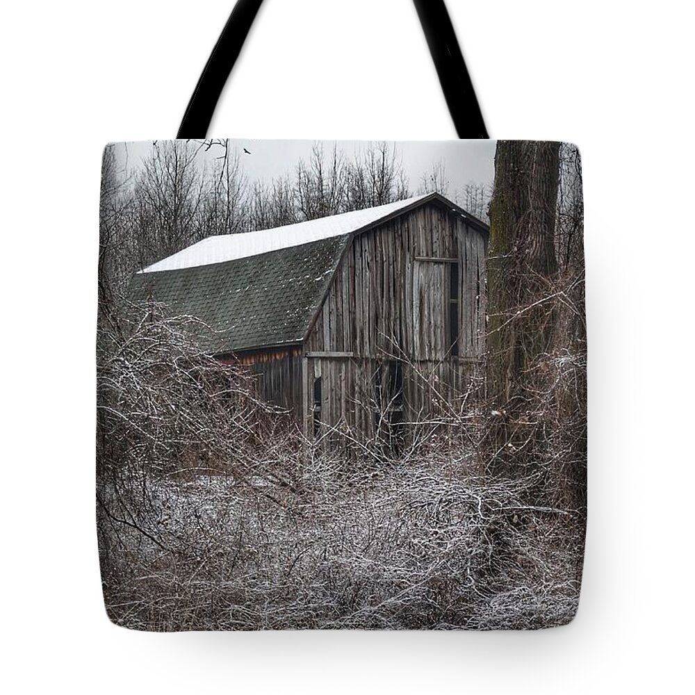 Barn Tote Bag featuring the photograph 0263 - Saginaw Road Grey by Sheryl L Sutter
