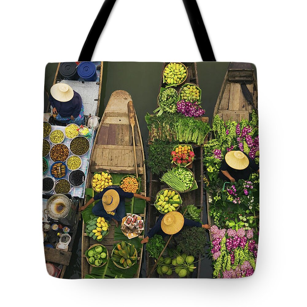 People Tote Bag featuring the photograph A Floating Market On A Canal In by Mint Images - Art Wolfe