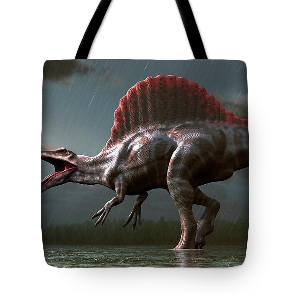 Prehistoric Era Tote Bag featuring the digital art Artwork Of A Spinosaurus Dinosaur by Mark Garlick