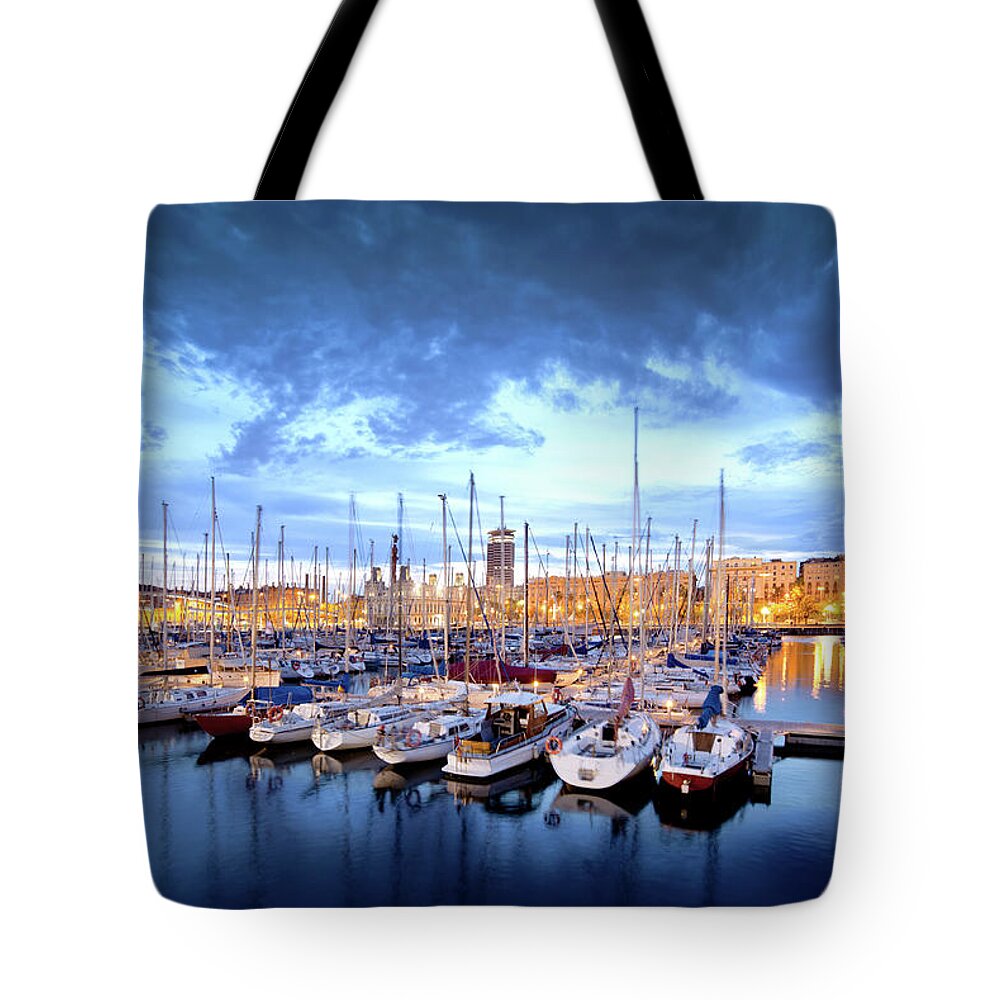 Catalonia Tote Bag featuring the photograph Barcelona Harbor #1 by Nikada