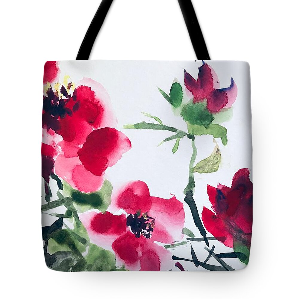 Chinese Brush Painting Of Peonies Tote Bag featuring the painting Blossoming #1 by Lavender Liu