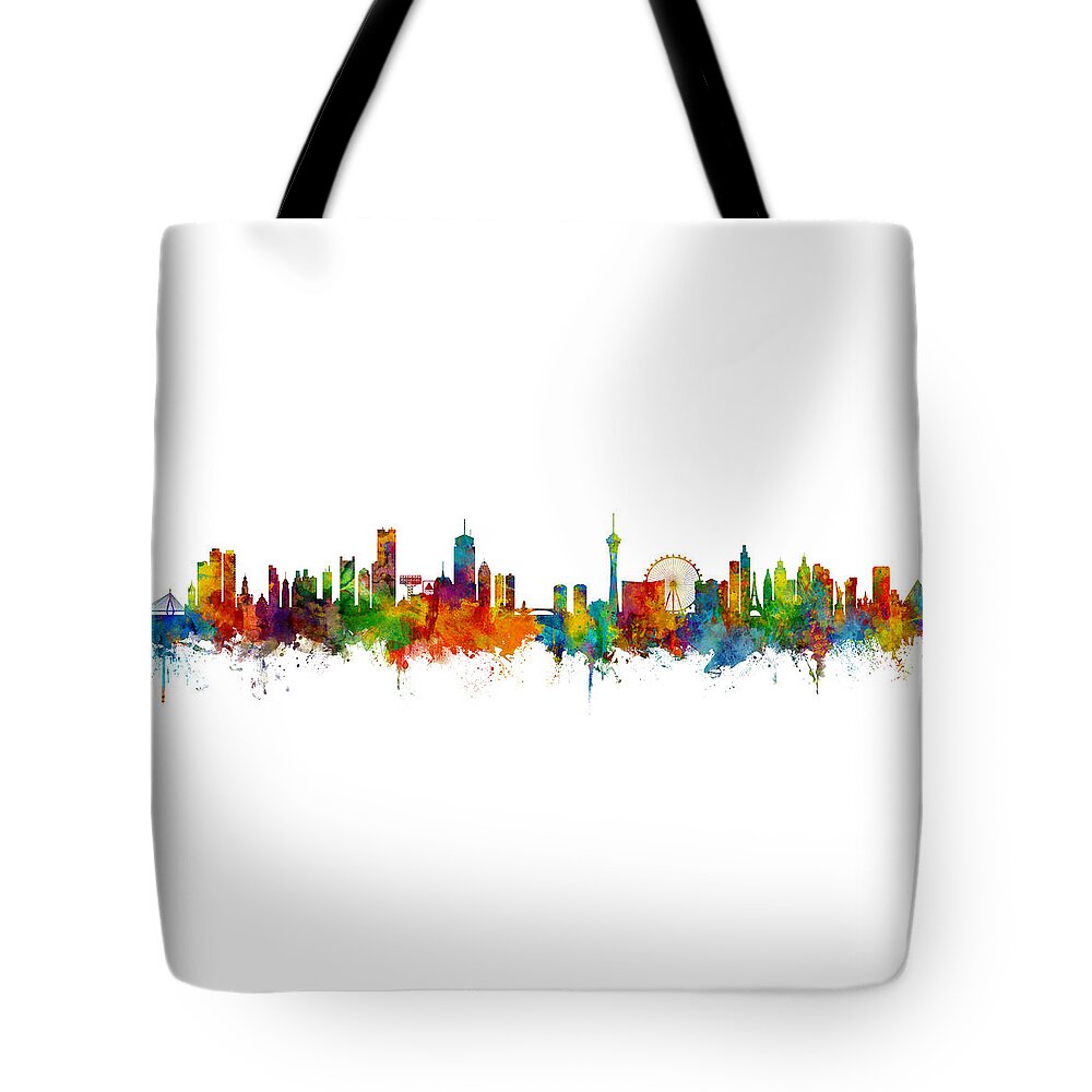 Boston Tote Bag featuring the digital art Boston and Las Vegas Skylines Mashup #1 by Michael Tompsett