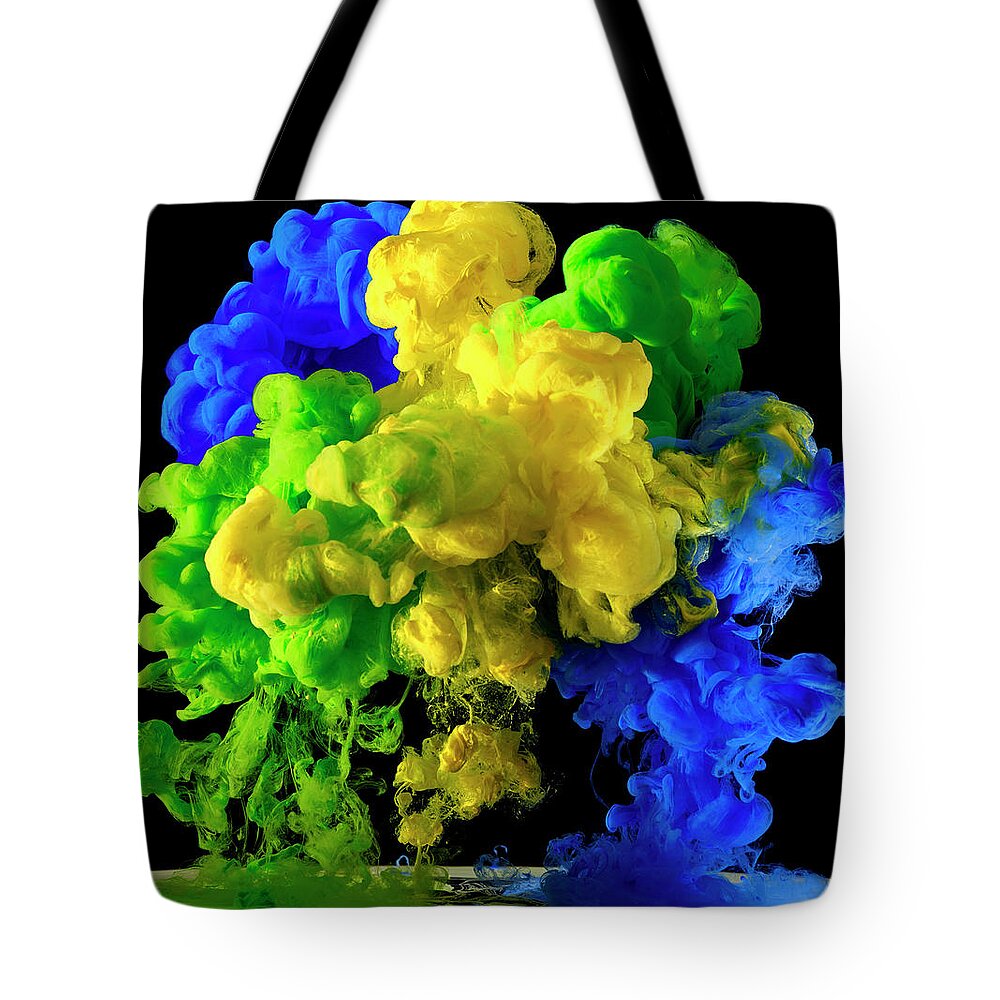 Art Tote Bag featuring the photograph Brazil Flag Colours In Paint, Ink, Water #1 by Mark Mawson