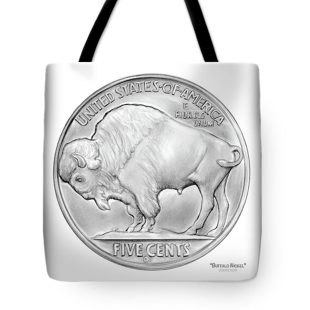 Buffalo Tote Bag featuring the drawing Buffalo Nickel #1 by Greg Joens