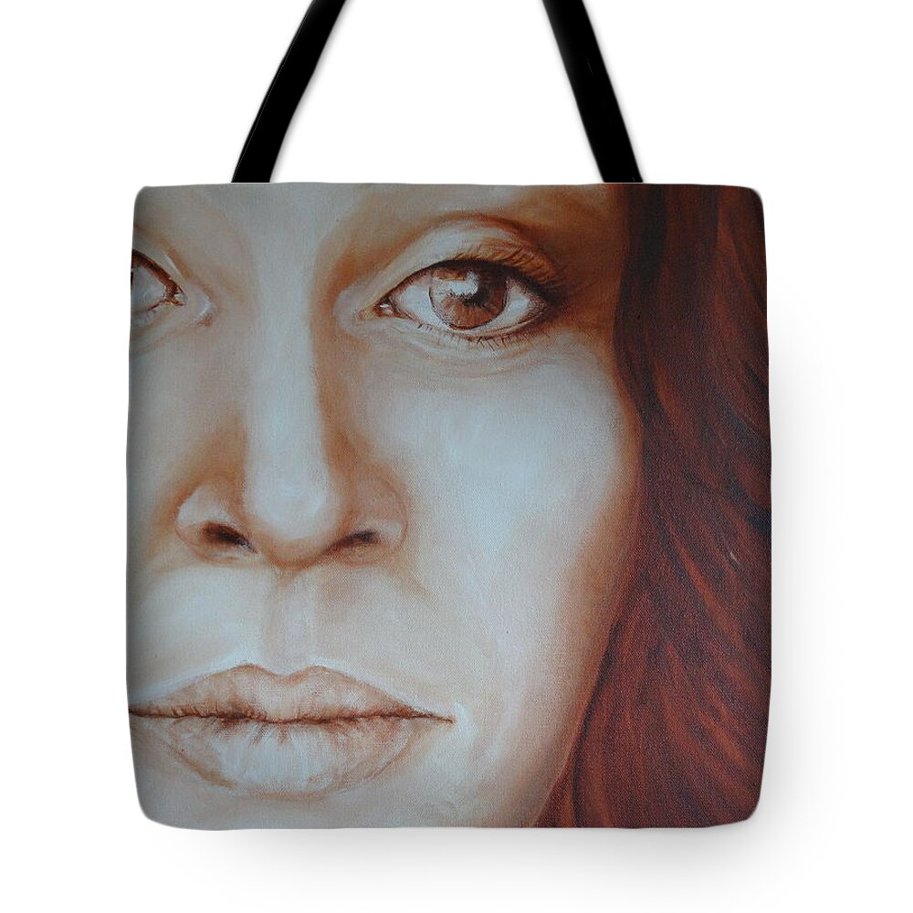 Eyes Nose Mouth Burnt Sienna Shading Highlights Hair Light Dark White Tote Bag featuring the painting Chelsea by Ida Eriksen