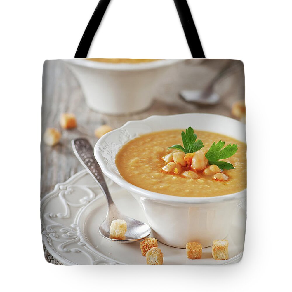 Spoon Tote Bag featuring the photograph Chick-pea Soup #1 by Oxana Denezhkina