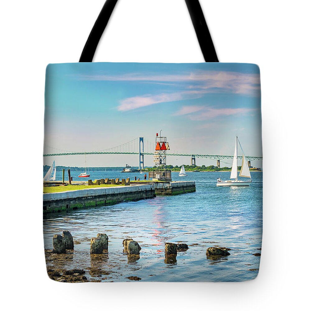 Estock Tote Bag featuring the digital art Claiborne Pell Bridge, Newport, Ri by Laura Zeid