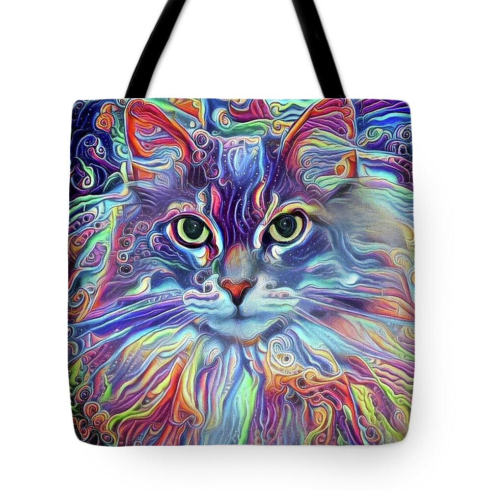 Long Haired Cat Tote Bag featuring the digital art Colorful Long Haired Cat Art by Peggy Collins