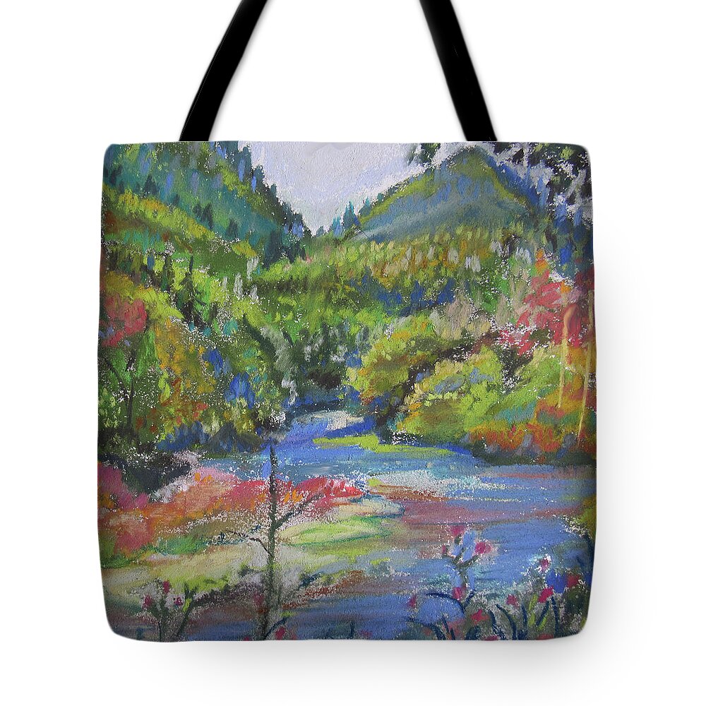 Pastel Landscape Tote Bag featuring the pastel Country River #1 by Jean Batzell Fitzgerald