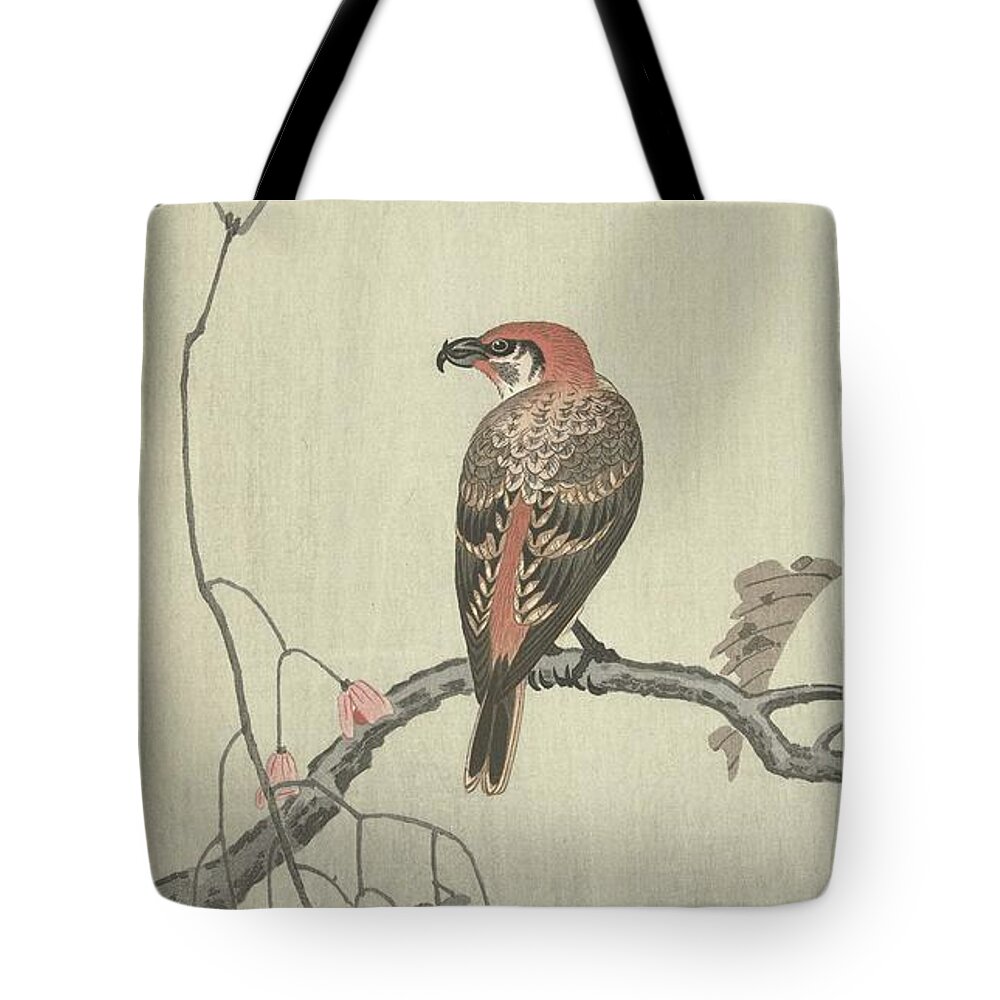 Bird Tote Bag featuring the painting Crossbill On Tree Branch by Ohara Koson