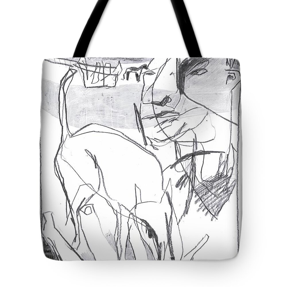 Drawing Tote Bag featuring the drawing Dog and owner #1 by Edgeworth Johnstone
