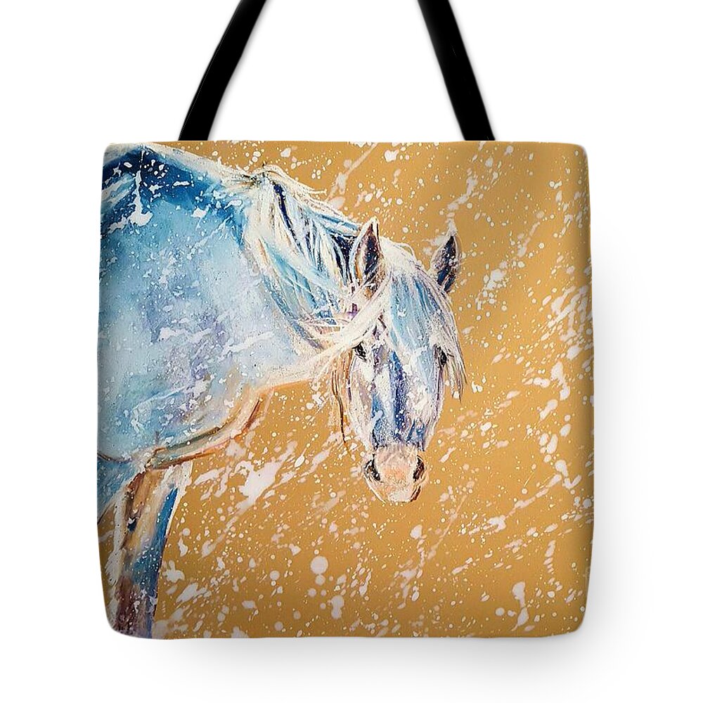Horses In Snow Tote Bag featuring the pastel Early Blizzard by Joni Beinborn