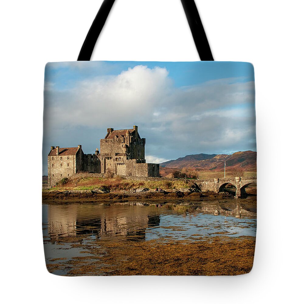 Eilean Donan Castle Tote Bag featuring the mixed media Eilean Donan Castle by Smart Aviation