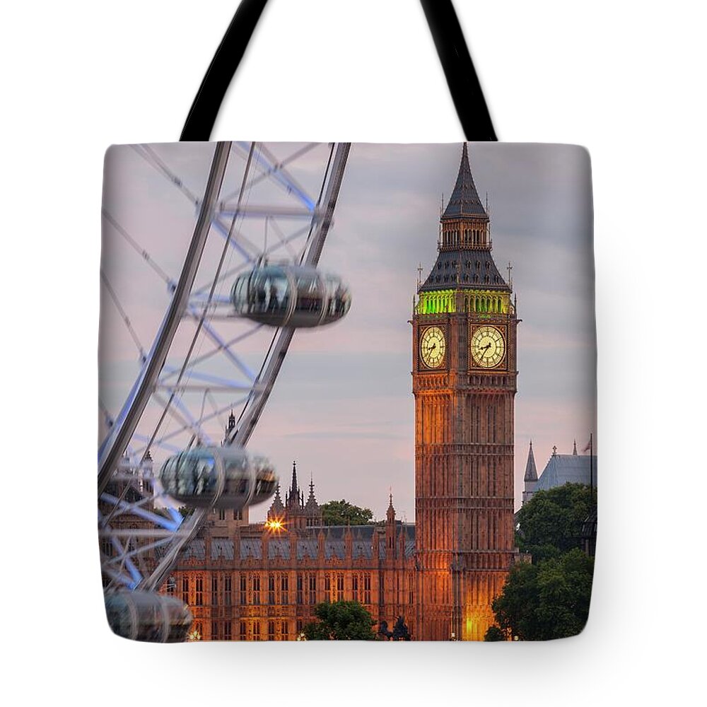 Estock Tote Bag featuring the digital art England, London, Great Britain, City Of Westminster, Big Ben And Part Of Millennium Wheel #1 by Massimo Ripani