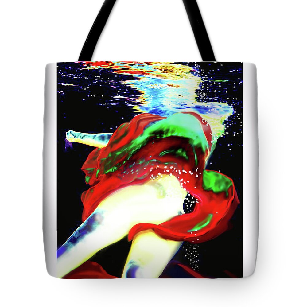 Underwater Tote Bag featuring the digital art Escaping the Scarf #1 by Leo Malboeuf