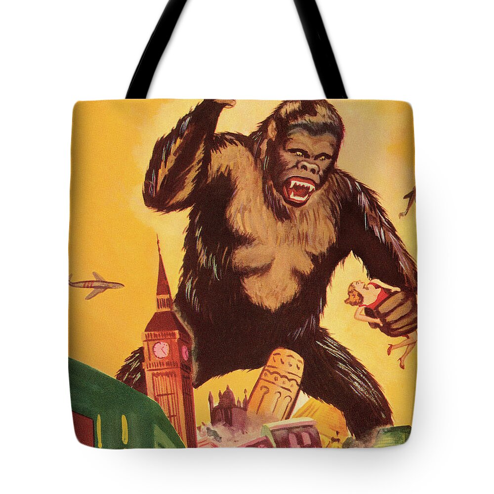 Afraid Tote Bag featuring the drawing Giant Gorilla Destroying a City #1 by CSA Images