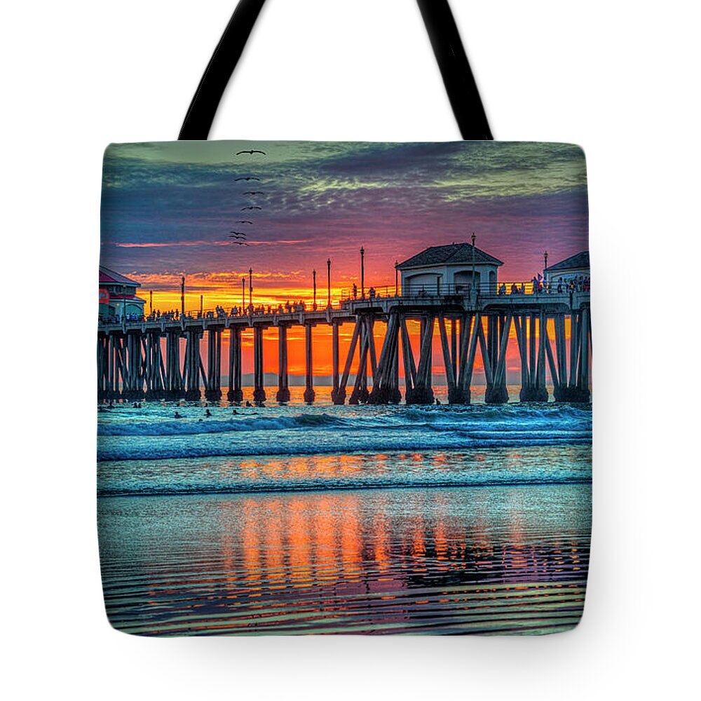 Huntington Beach Tote Bag featuring the photograph Huntington Beach Pier Sunset by David Zanzinger