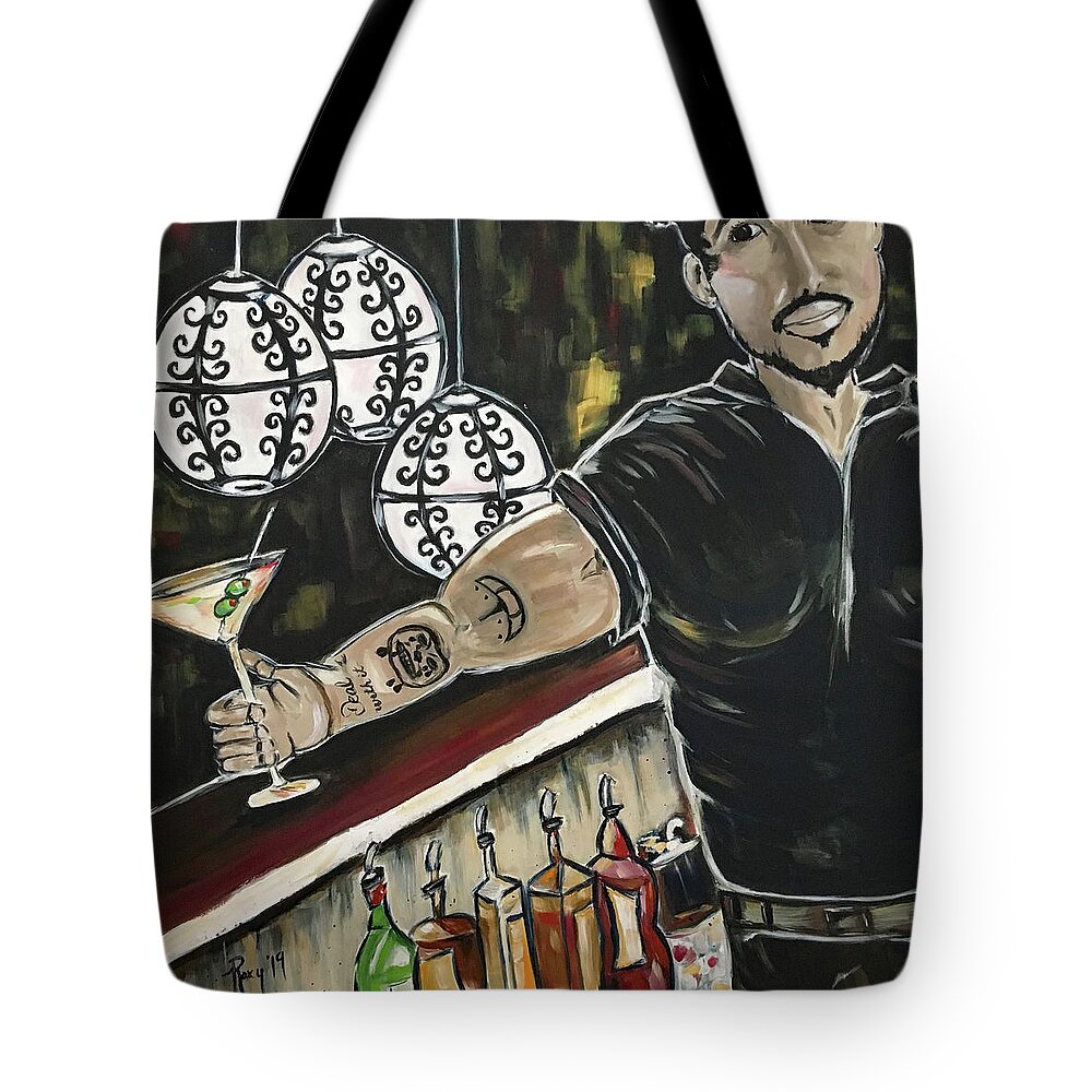 Bartender Tote Bag featuring the painting I'm off at 2 by Roxy Rich