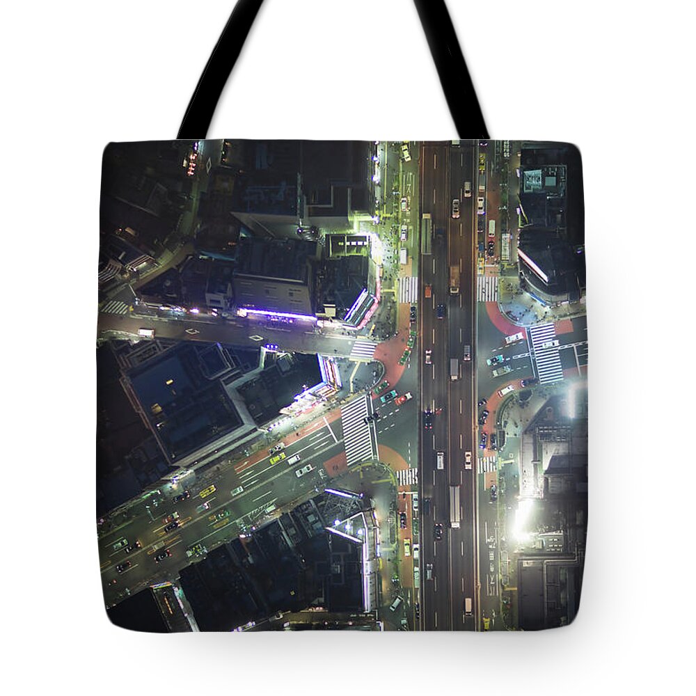 Two Lane Highway Tote Bag featuring the photograph Japan, Tokyo, Aerial View Of Traffic #1 by Michael H