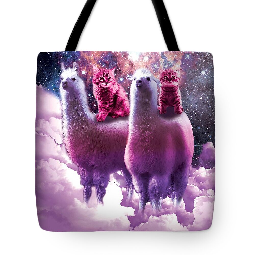 Llama Tote Bag featuring the digital art Kitty Cat Riding On Rainbow Llama In Space #1 by Random Galaxy