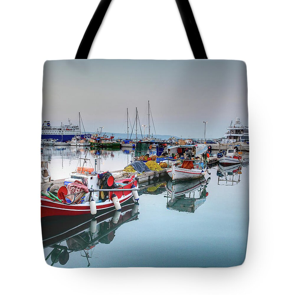 Dawn Tote Bag featuring the photograph Lavrium Fishing Port #1 by Alexandros Photos